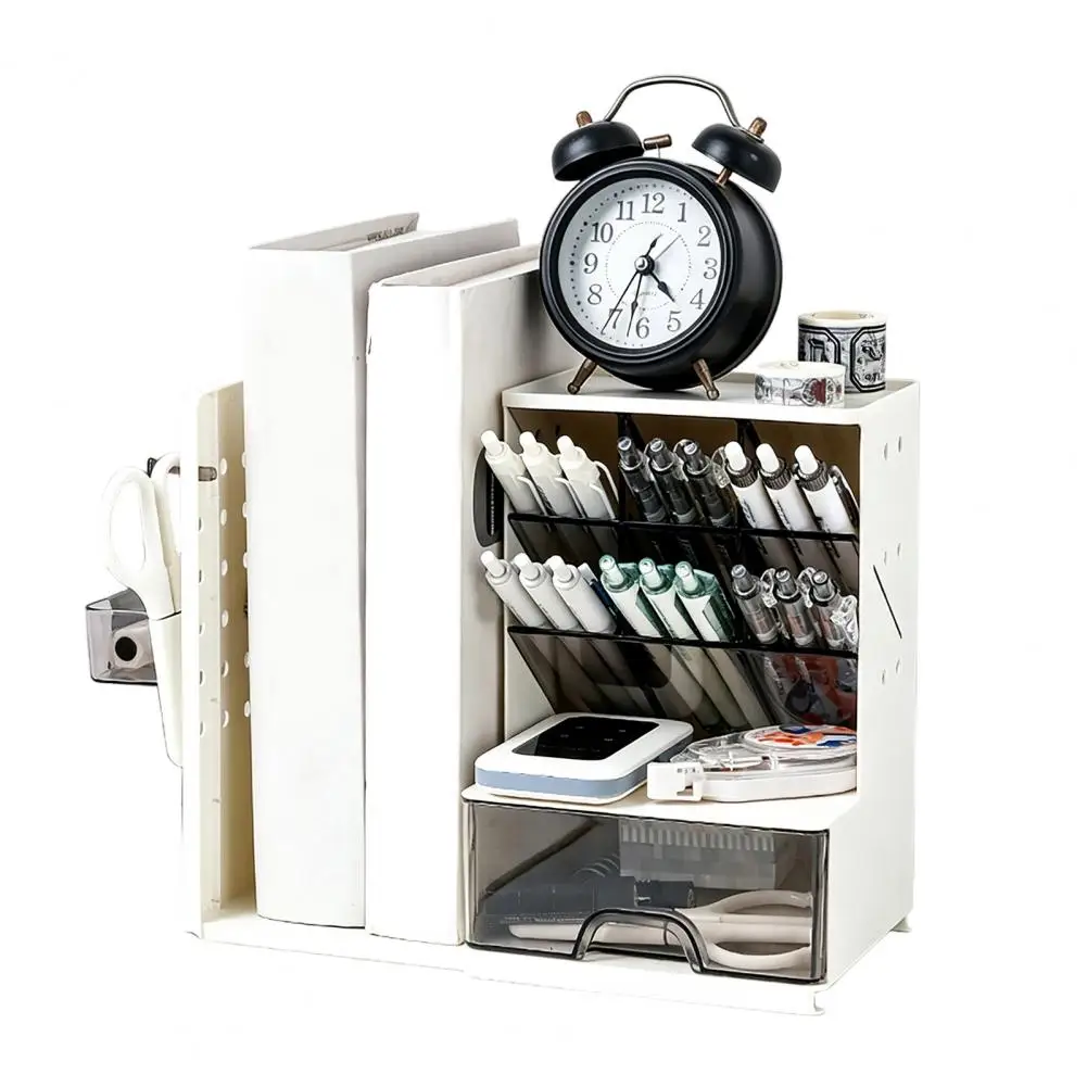 Pen Holder with Retractable Bookends And Pegboard, Multi-Functional Angled Makeup Brush Holder, Stationery Organizer for Student