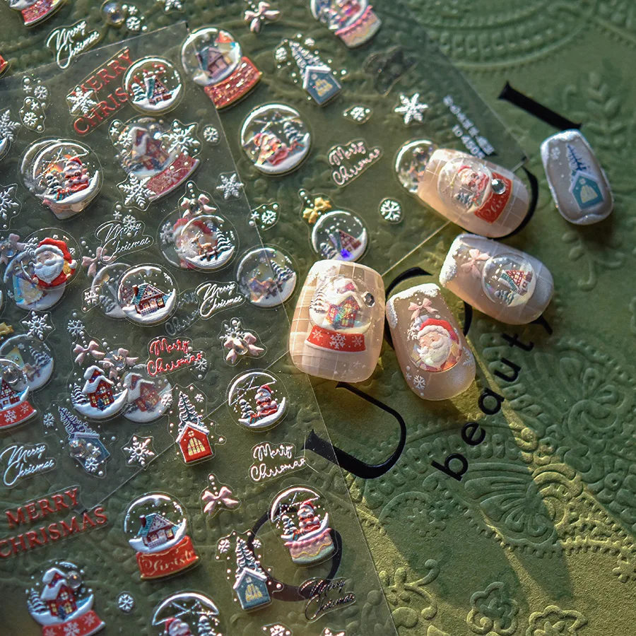 1pcs Kawaii Christmas Ball Crystal Diamond Nail Sticker Colorful Snowflake Adhesive Nail Art Stickers New Year 2025 Decor Decals