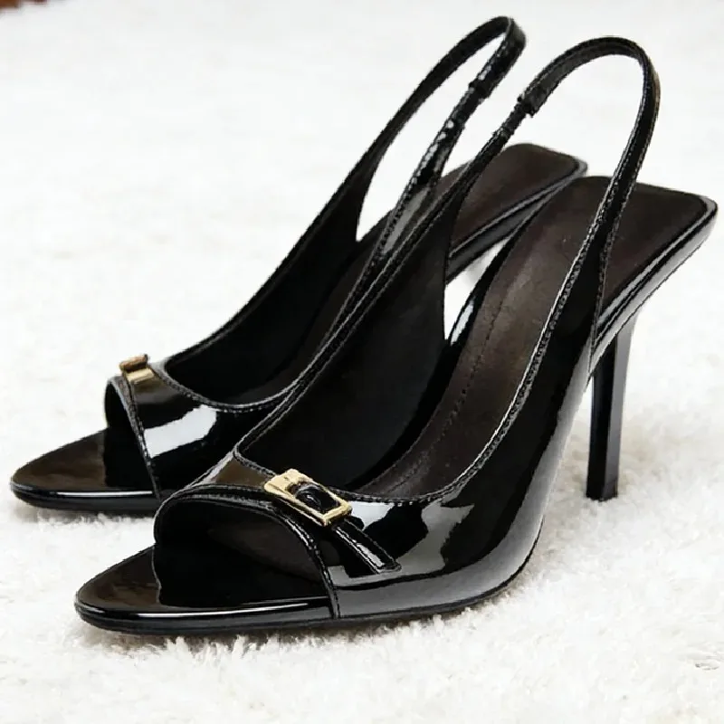 High Quality Patent Leather Heeled Sandals Women Fashion Belt Buckle Design Back Strap Designer Shoe Elegant Office Formal Heels