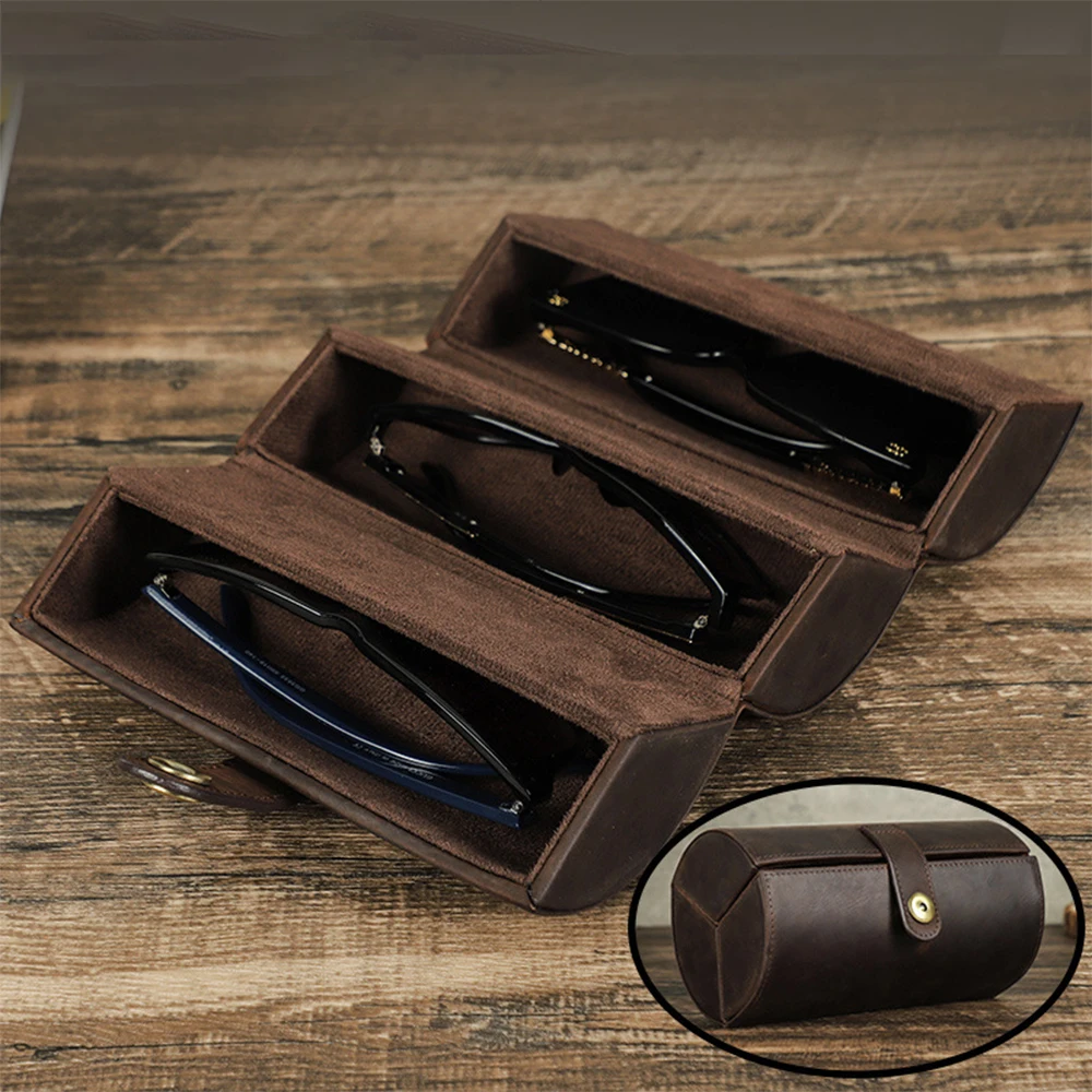 Retro Genuine Leather Glasses Case Handmade Sunglasses Organizer Cylindrical Portable Three Pieces Crazy Horse Leather