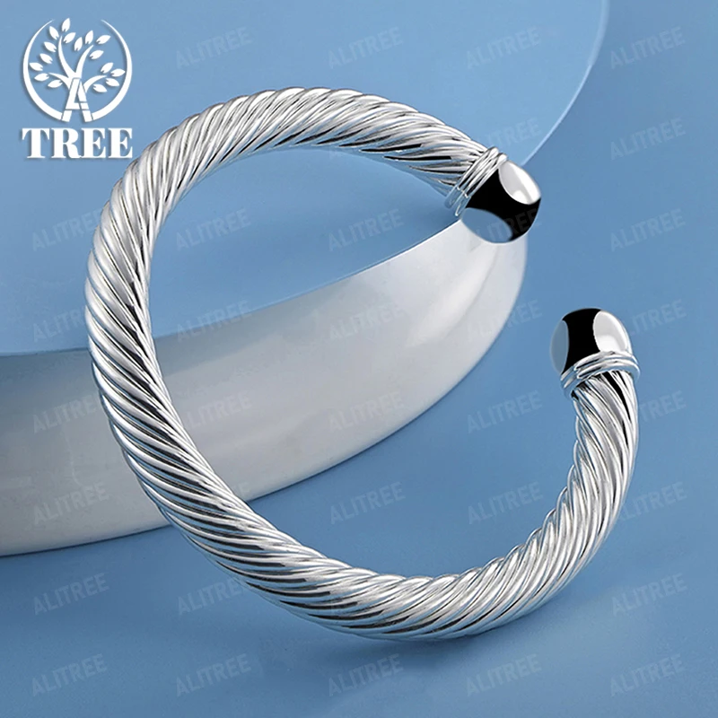 

High Quality 925 Sterling Silver Twisted Texture Open Bangles Men Fashion Jewelry Gift Women Wedding Accessories Happy Party