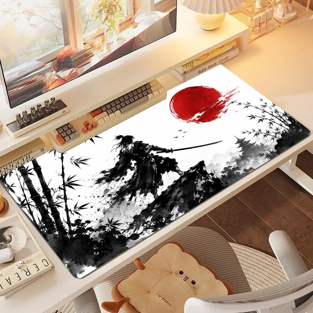 Japanese ink long gaming mat samurai bamboo red sun white base natural rubber anti slip dual use pad
