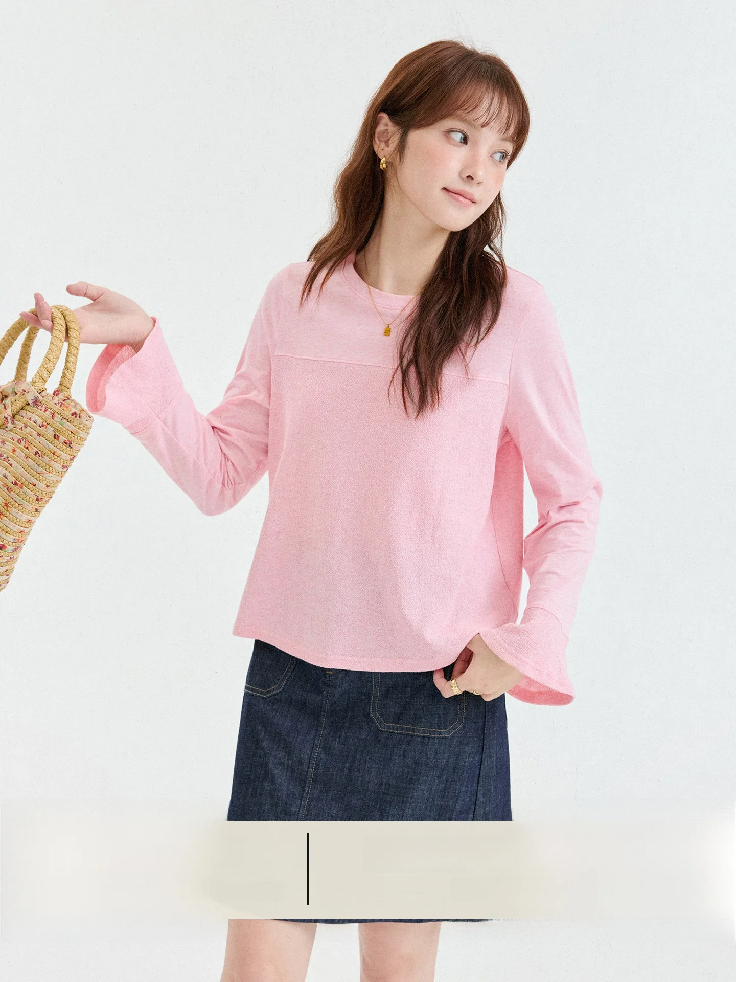 Original AMUU T-shirt Women's Loose Cotton Bell Sleeve Patchwork Sweet Style Korean Version Commute Style Autumn New Arrival