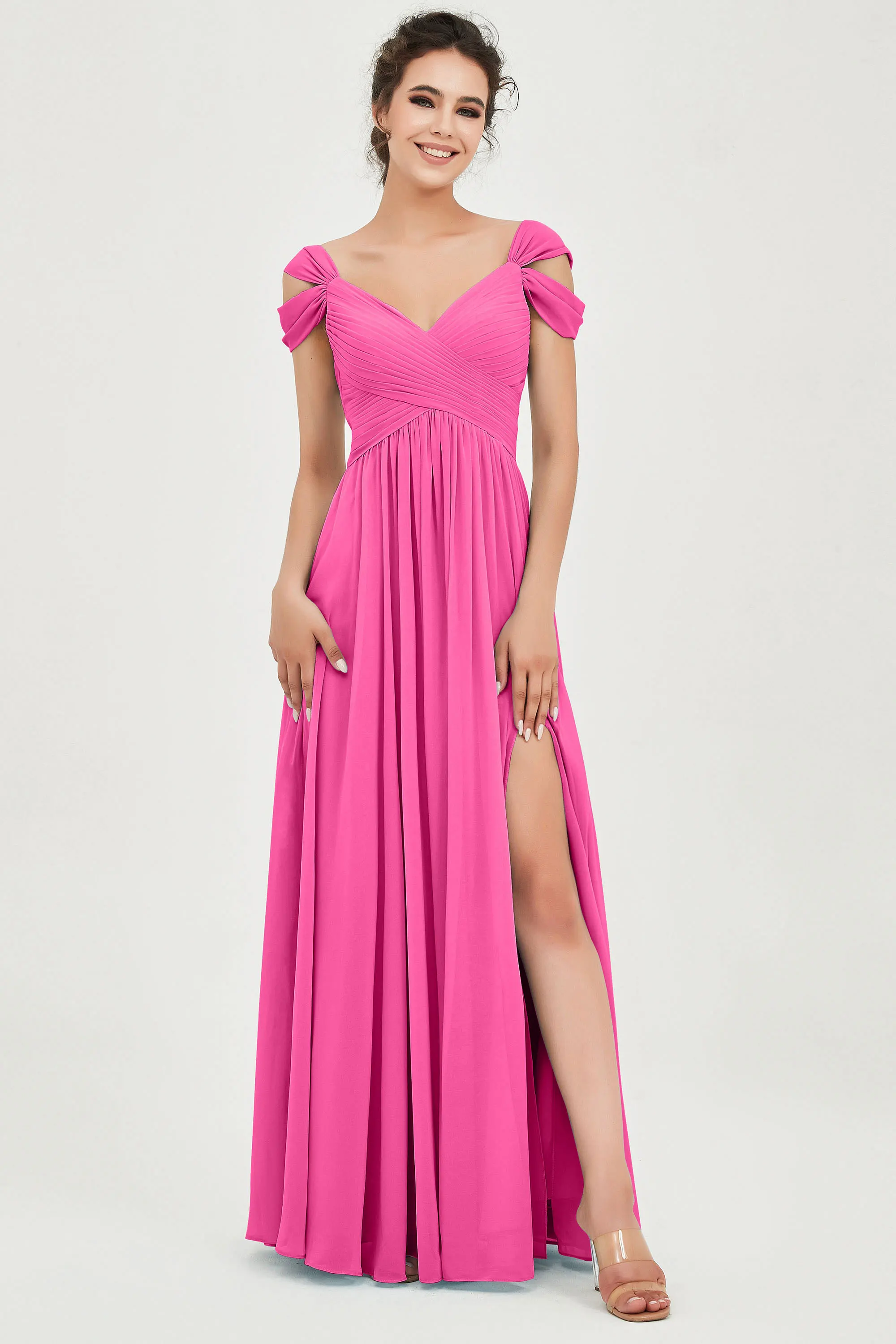 

Beshinel Customized Rose Pink Off The Shoulder Prom Gowns 2025 Sleeveless V Neck Slit Elegant Wedding Party Dresses Vestidos