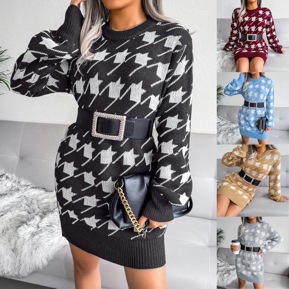 

Autumn Winter Casual Knitted Lantern Sve Plaid Sweater Dr Cross-Border Independent Station Women's Clothing Long Sve