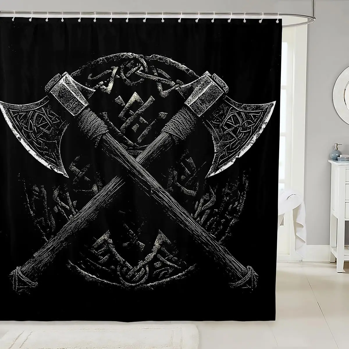 Premium Grunge Crossed Axes Viking Theme Shower Curtain Waterproof Bathroom Decor Art Black Style 72x72 Inches Curtain