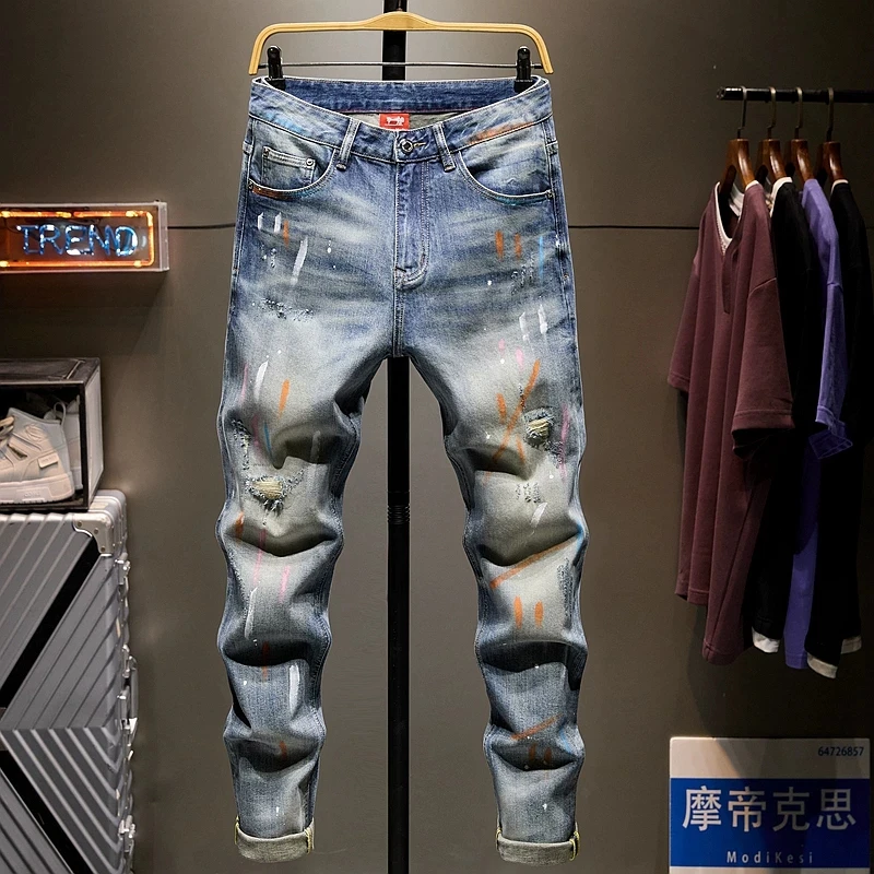 Y2K Designer Fashion Men Jeans Retro Blue Splashed Painted Ripped Jeans Men Street Style Stretch Slim Fit Vintage Denim Pants