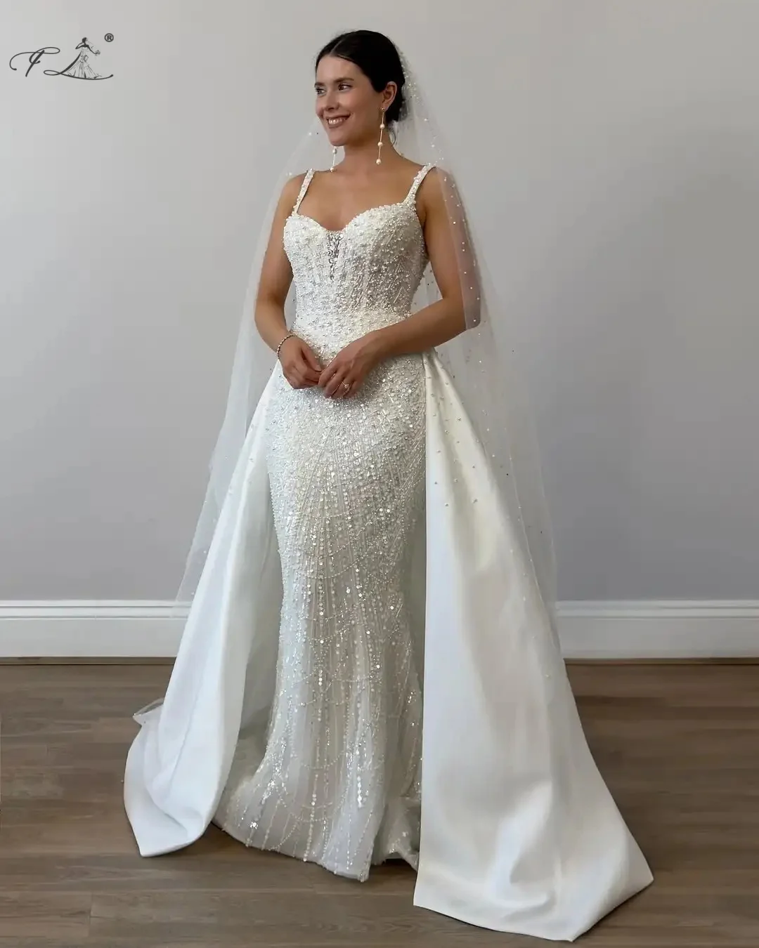 Pearl Sequin Wedding Dress With Detachable Train Straps Mermaid Gown Engagement Ceremonies Formal Occasions Customizable