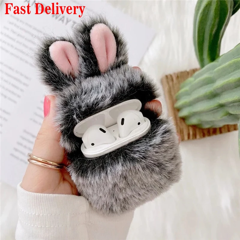 Cute Fluffy Rabbit Earphone Case For Apple Airpods  Cover Headphones Fur Cases For Charging Box Fast Delivery Fast Logistics