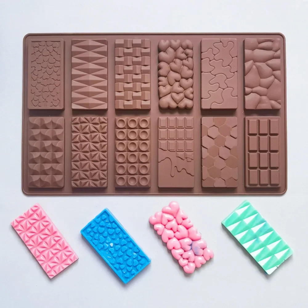 12 Cavity Geometric Heart Chocolate Silicone Mold Diamond Bricks Puzzle Candy Biscuit Baking Mould Ice Tray Cake Decor DIY Gift