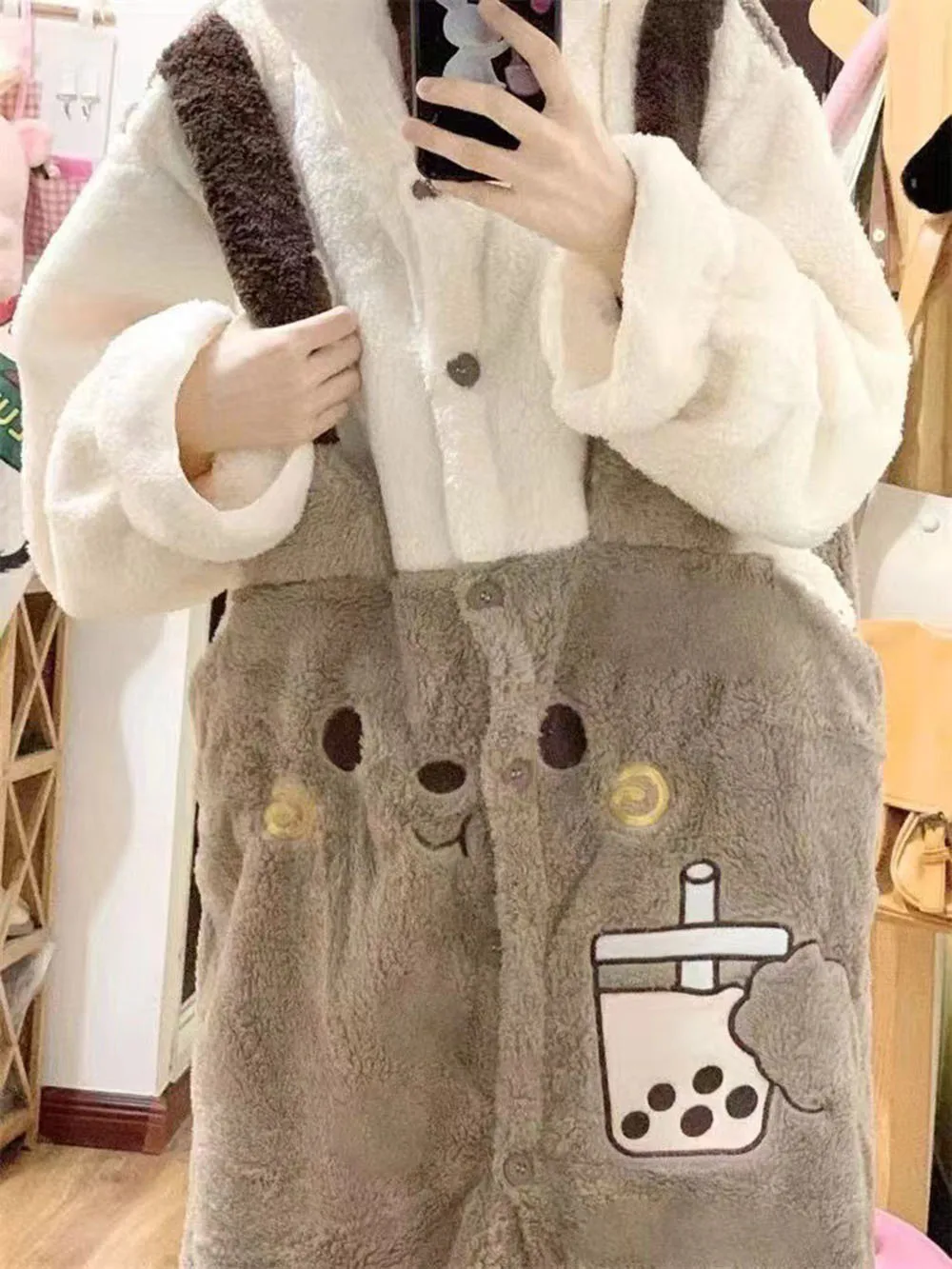 Cartoon Bear Plush Pajamas Long Robes Anime Flannel Nightgown Winter Long Sleeve Night Dress Halloween Christmas Funny Sleepwear