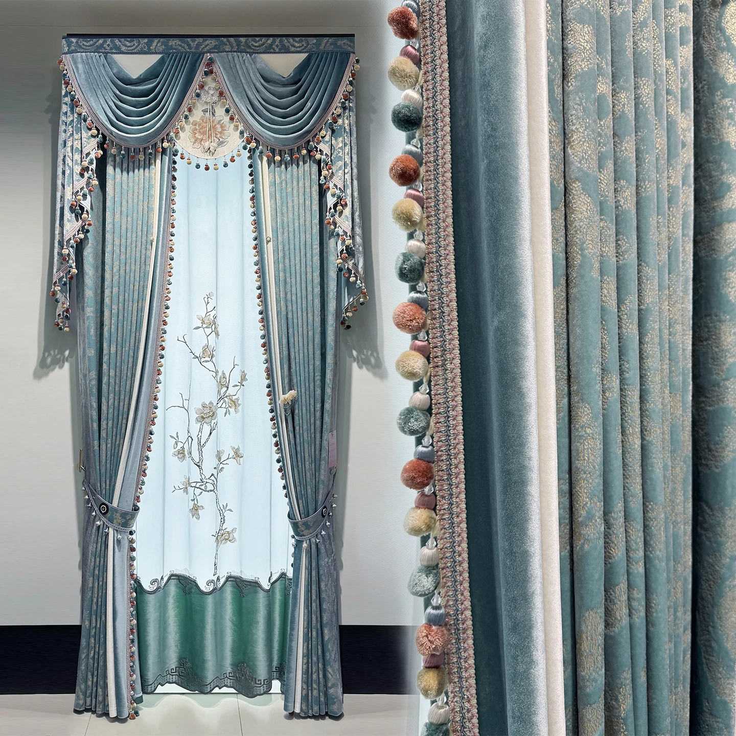 Custom luxury European classical simple valance lace green texture chenille high-end blackout curtain tulle valance drape M1813