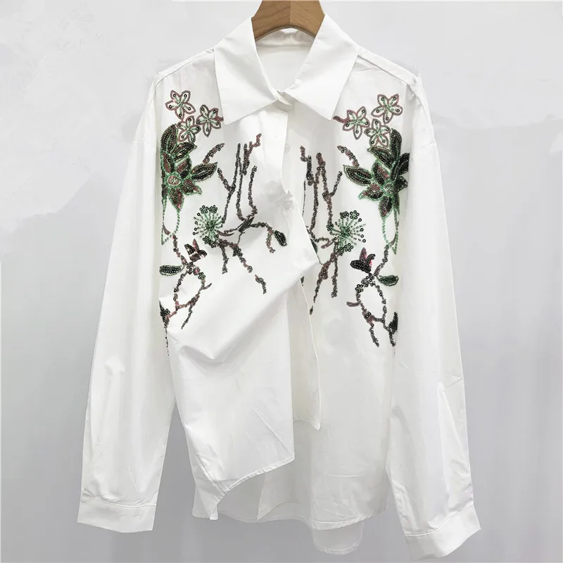 HKSH Primavera Autunno Nuove donne Camicia in rilievo con paillettes Colletto rovesciato Maniche lunghe Monopetto Chic Camicetta Casual Top HK16486