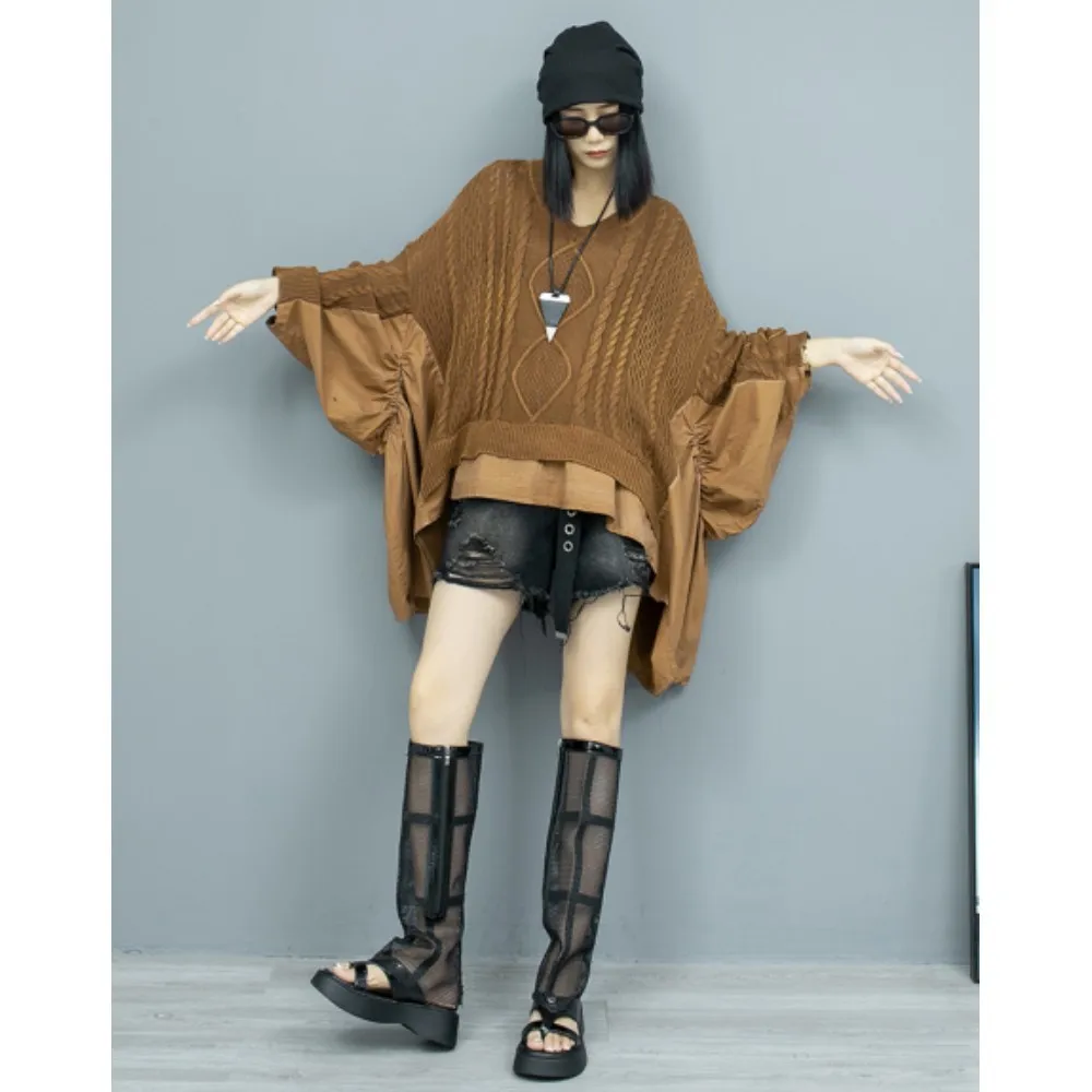 

Irregular Stitching Ruffle Loose Bat Sleeve V-neck Long Sleeve Thin Knit Blouse + Short Two Piece Set Women 2024 Summer ZF095