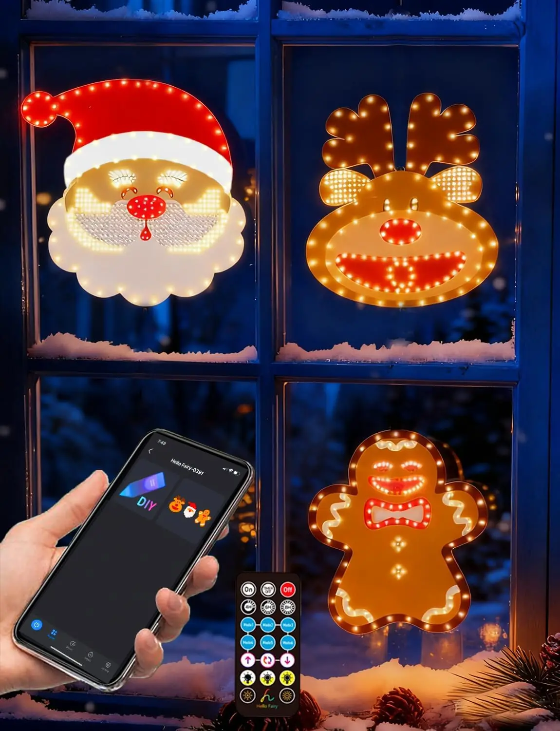

Smart Christmas Window Lights with Remote/App, Santa Face, Reindeer, Gingerbread Man, Timer, Music Sync for Indoor Outdoor Decor