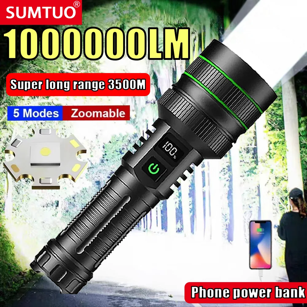 

NEW 1000000LM Ultra Powerful Flashlight 15000mah Battery Tactical Torch 3500M Super Long Range Lamp Outdoor Camping Lantern