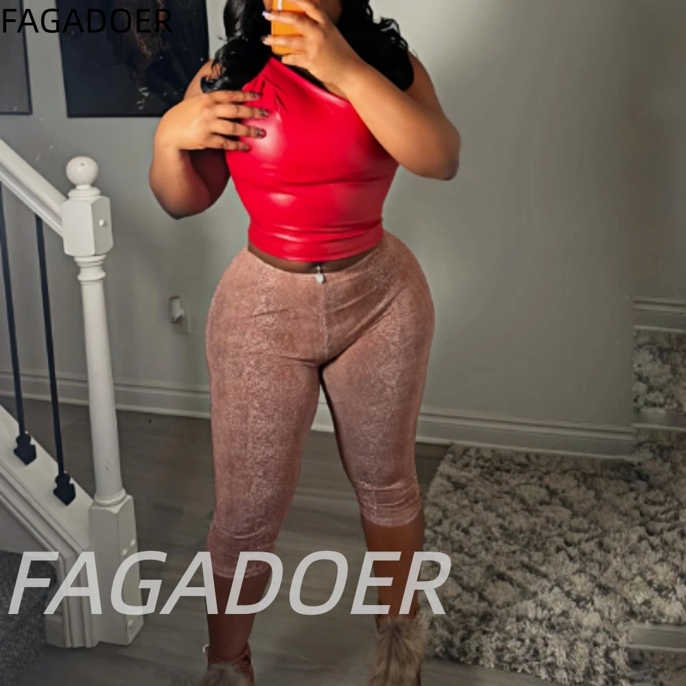 FAGADOER Sexy Two Piece Outfits Woman Off Showlder Leather Patchwork Crop Top + Pants Matching Female Streetwear Clothing New