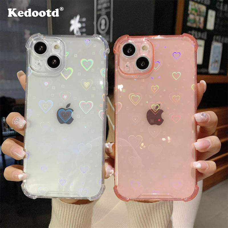 Transparent Holographic Love Heart Laser Pattern Case For iPhone 14 13 12 11 Pro Plus Mini Max X XS XR 6 7 8 SE2 Neon Soft Cover