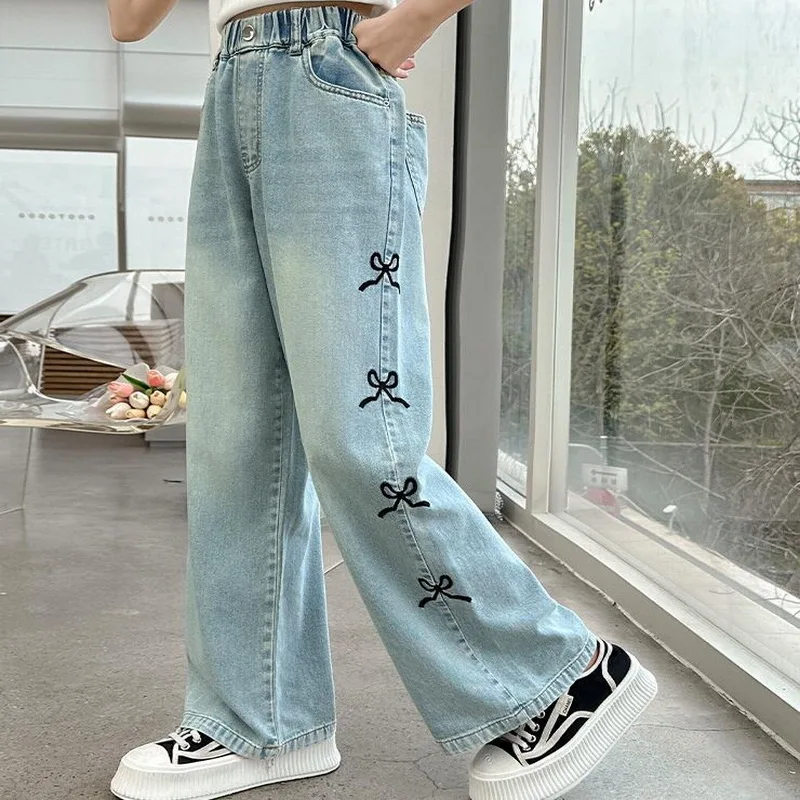 Girls\' Summer Thin Side Seam Embroidered Bowknot Jeans Loose Straight Wide Leg Denim Pants Teenagers Pure Color Washed Trousers