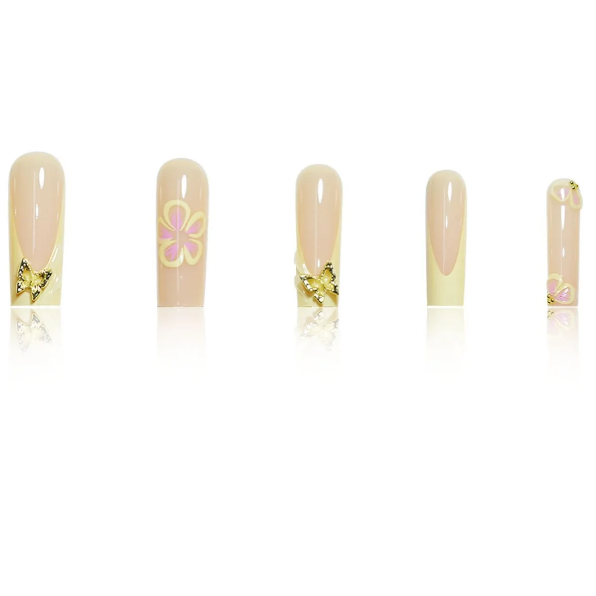 24 قطعة نعش طويل طازج الأظافر وهمية الأصفر النمط الفرنسي زهرة مطبوعة المعادن فراشة تصاميم اضغط على الأظافر الصيف أظافر صناعية