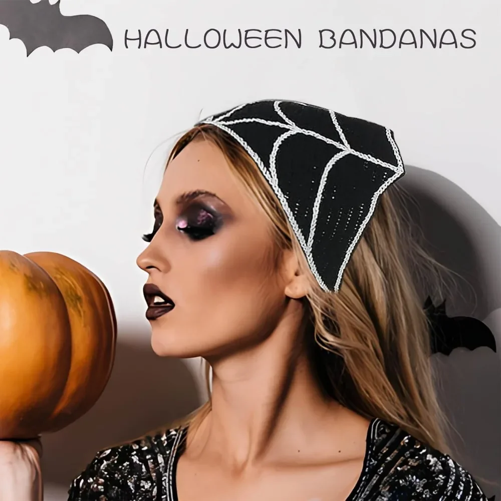 Halloween Gestricktes Häkel-Stirnband Skelett Geist Fledermaus Spinnennetz Foto Dreieckstuch Trendiges Damen-Kostüm-Accessoire – Detail 6