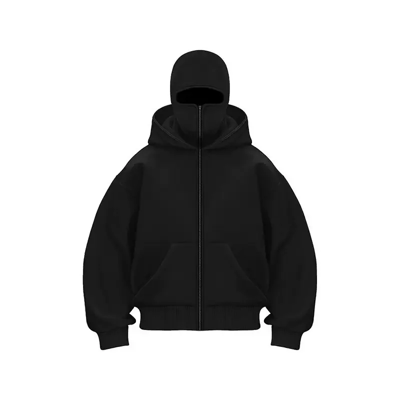 Men Women Winter Balaclava Hoodie Double Layer Full Zip Loose Warm Outdoor Sports Jacket