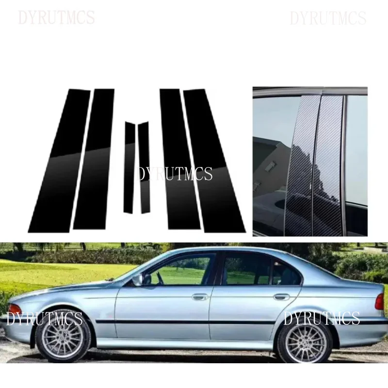 

6PCS Gloss Black Silver Carbon Trim Pillar Posts Fit For BMW 5-Series E39 1997 1998 1999 2001-2003 Window Door Moulding Cover