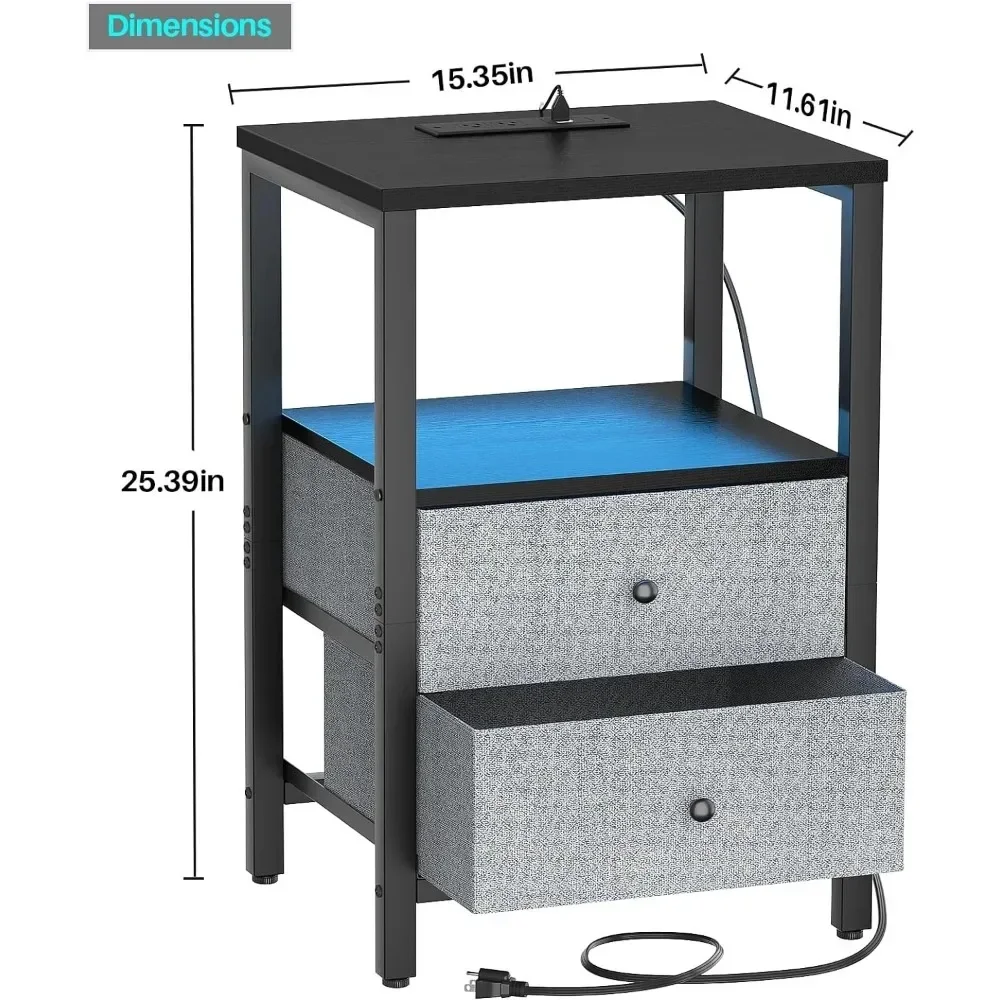 Stolik nocny zestaw 2 z stacja ładowania, stolik nocny lampkami LED, 25.6 \'\'stoliczki nocne 2 szuflady, 3-poziomowy schowek czarny