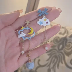 Japanese Style Cute Long Tassel Hair Ball Bow Earrings Little Rabbit Moon Star Cloud Dangle Earrings for Women Girls Gifts