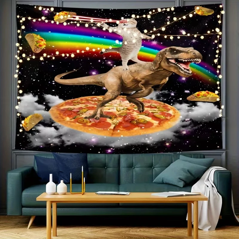 Tapiz de Parodia de Dibujos Animados de Fantasía VIKAMA: Tiranosaurio Rex, Pizza, Arcoíris, Gato Láser, para Sala de Juegos, Sala de Estar, Pared Decorativa