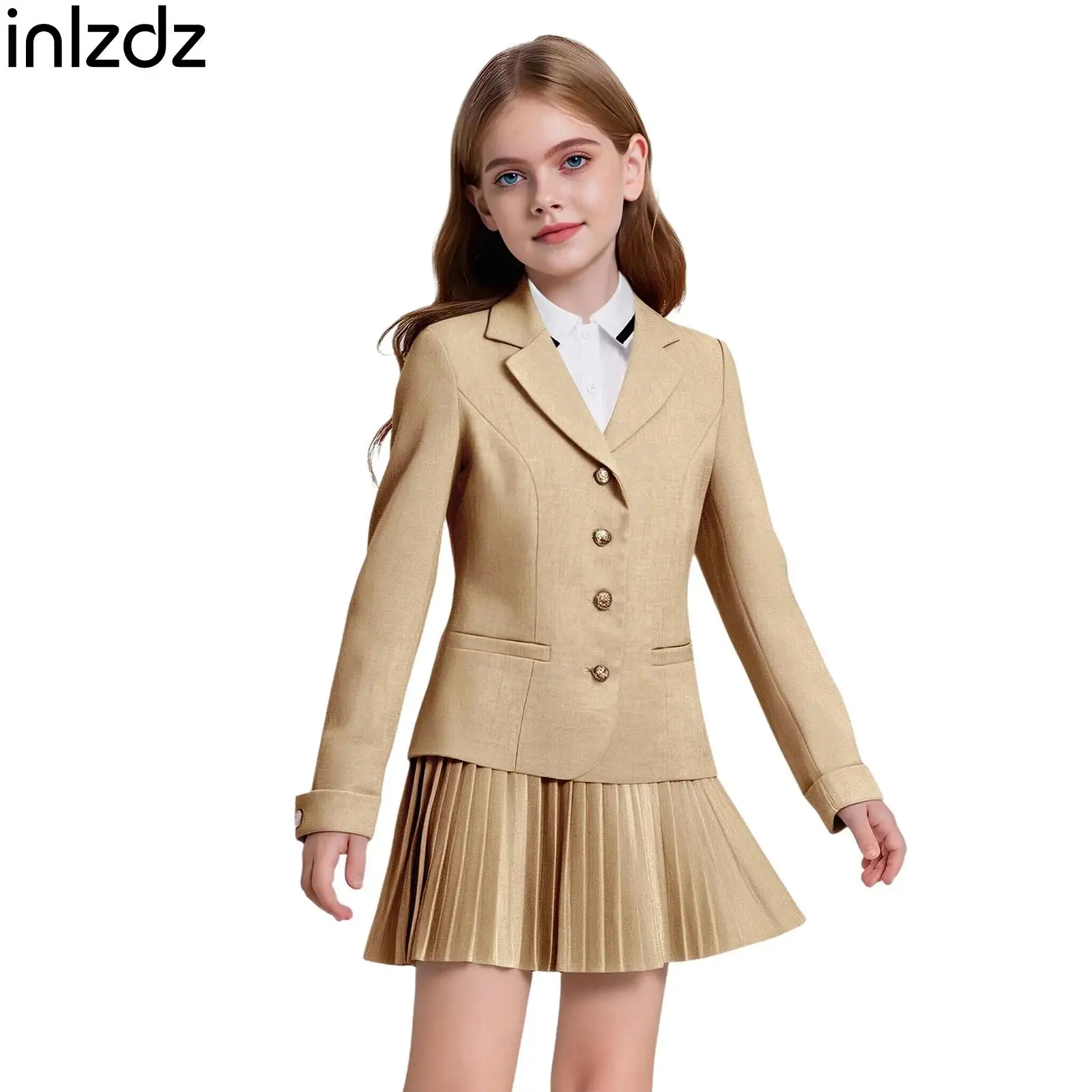 

3 Pcs Kids Girls School Uniform Lapel Button Down Formal Graduation Suit Jacket+Pleated Skirt+Long Sleeve Pullover Shirt Outfit