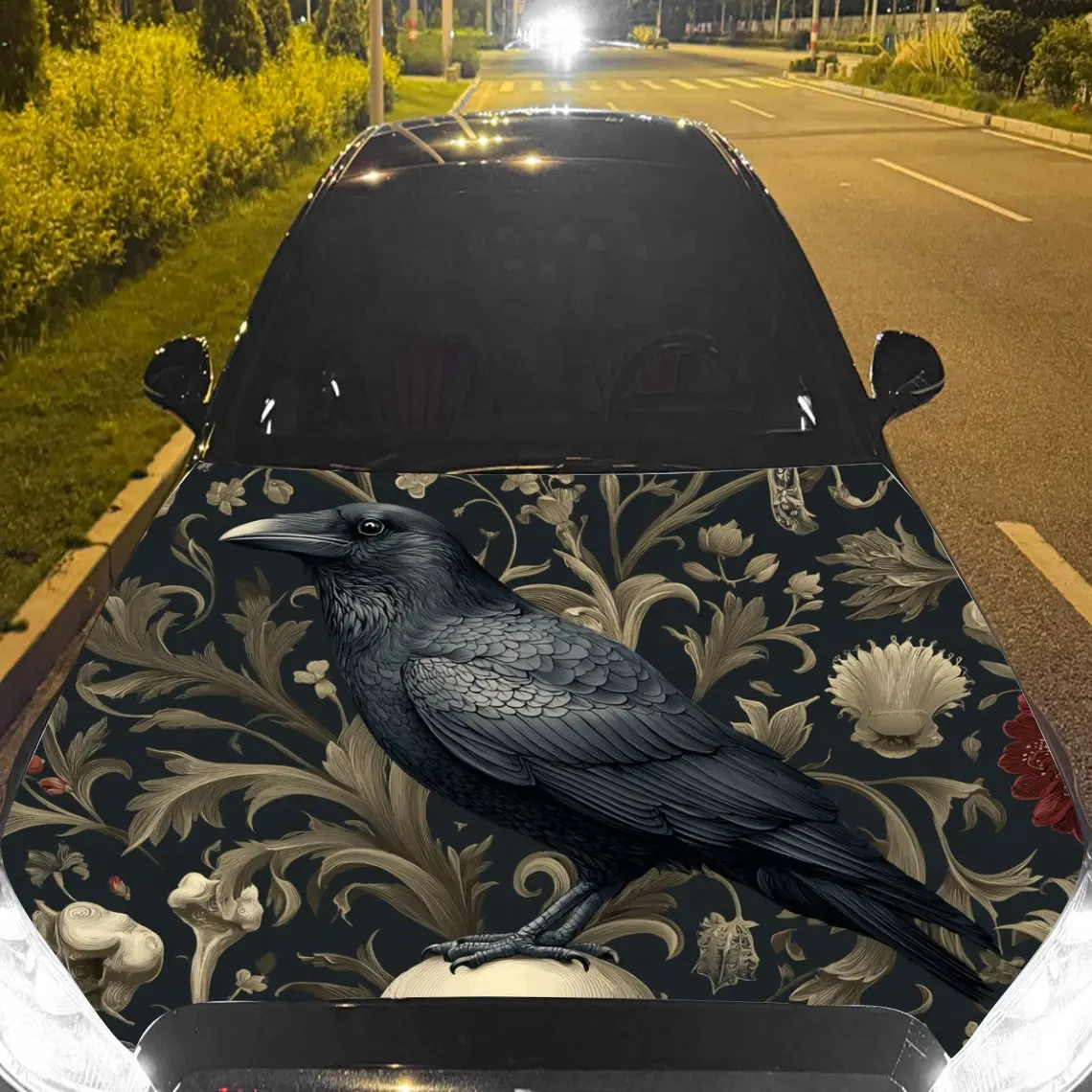 Elegant Gilded Raven Print Car Hood Sticker,Waterproof Self-Adhesive Vinyl Graphics Decals,Decorative Auto Accessories Stickers