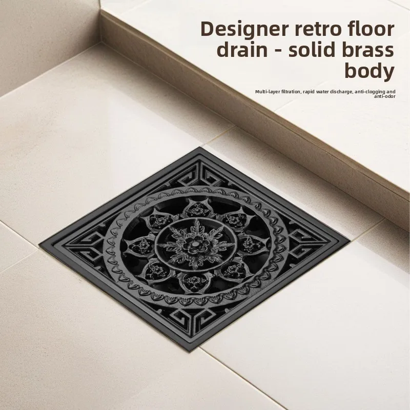 Black All-copper Floor Drain, Square Floor Drain, Anti-overflow and Anti-odor T-type Copper Core Deodorant