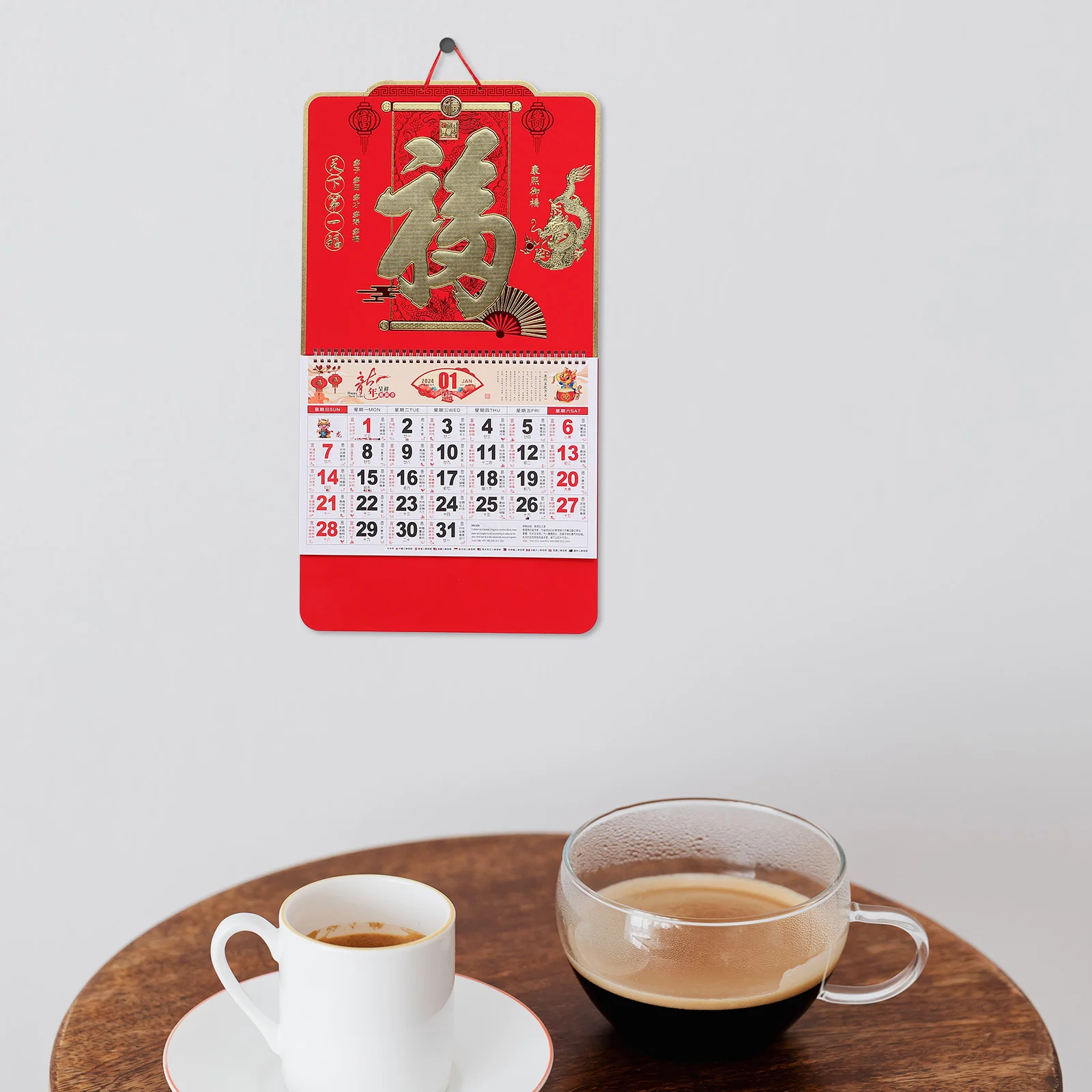 

2024 Gold Foil Fu Character Calendar Chinese Style Hanging Wall Calendar For Home Office Lunar Daily Planner 2024 New Year Gift
