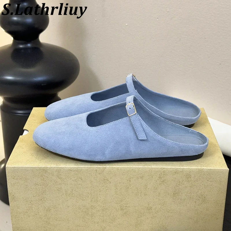 Closed Toe Half Slippers Women Cow Suede Buckle Simple Round Toe Slippers Summer Casual Versatile Flat Single Shoes lazy Mules