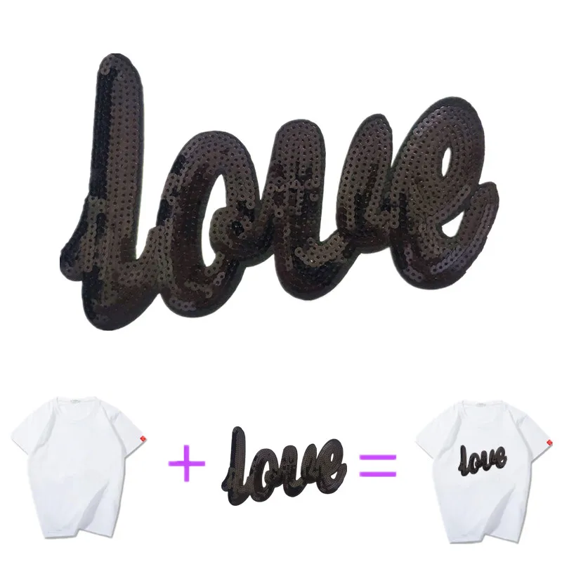 Clothing Women Shirt Top Diy Letter Patch LOVE Black White Sequins deal with it T-shirt Iron on Patches for clothes Stickers