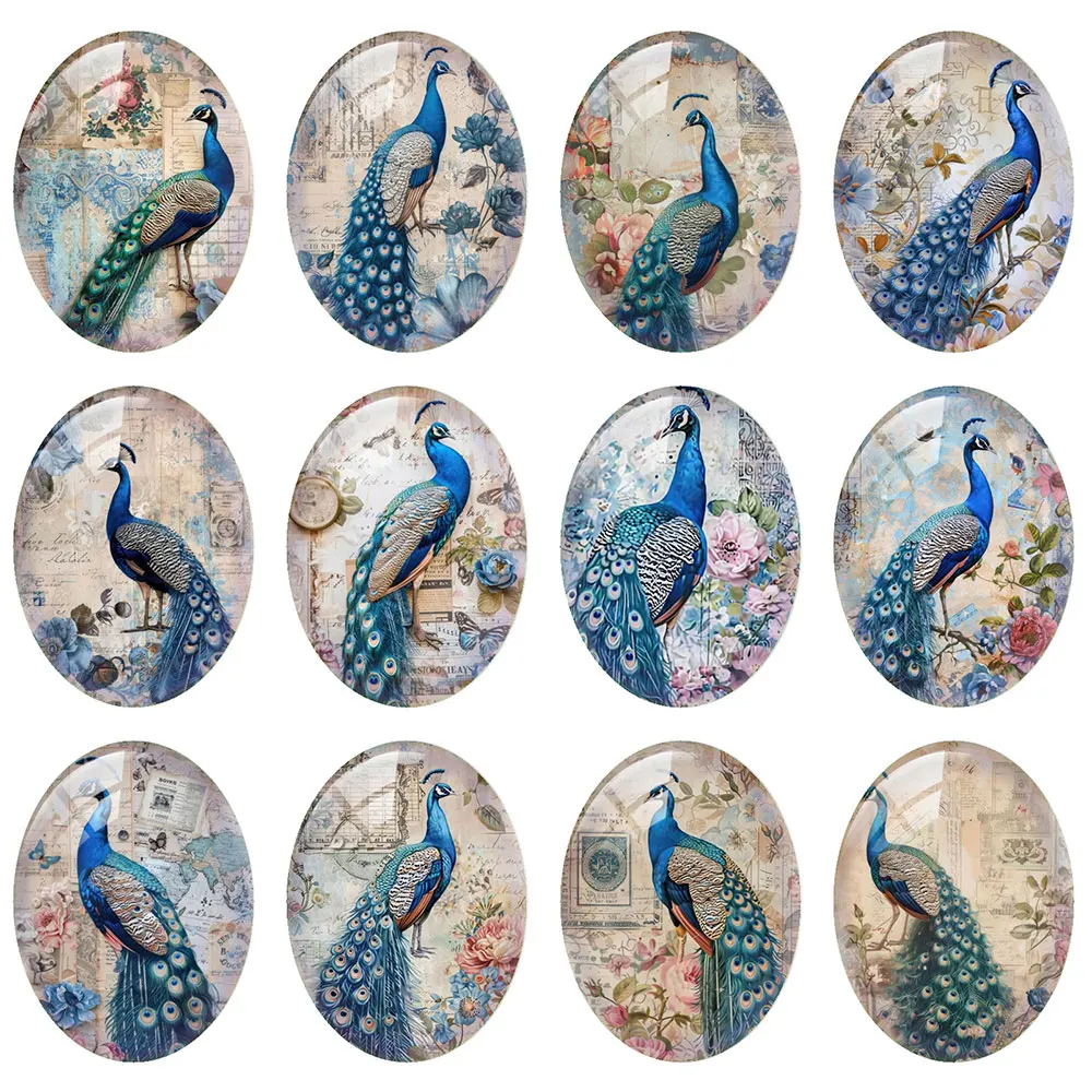 10pcs/lot Blue Peacock Flower Oval Photo Glass Cabochon Flatback Demo Flat Back Cameo For Diy Jewelry Making Supplies