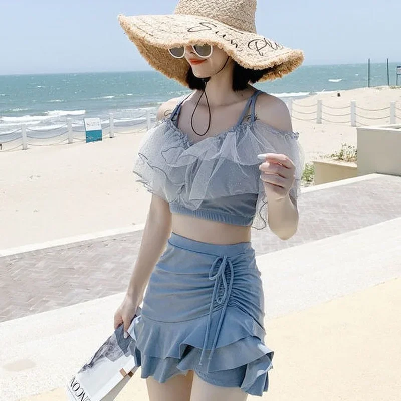 Bikini Set Vrouwen Zomer Sexy Elegante Backless Tender Ruches Mode Koreaanse Stijl Badmode Zoete Meisjes Twee Stukken Off Schouder