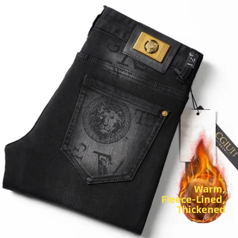 

Классические джинсы с узором в виде головы тигра, зауженные, мужские, осенне-зимние, с уплотнением по низу, эластичные, высококачественные, длинные брюки