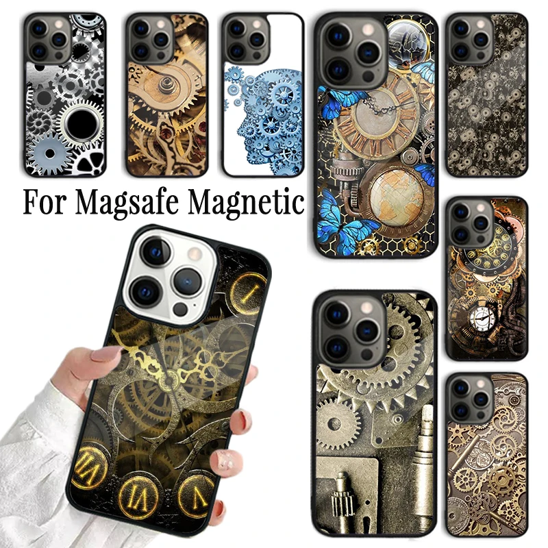 Phone Case For iPhone 16 15 14 13 12 Mini 11 Pro Max Plus Magsafe Magnetic Wireless Charging Cover Steampunk Gear Mechanical