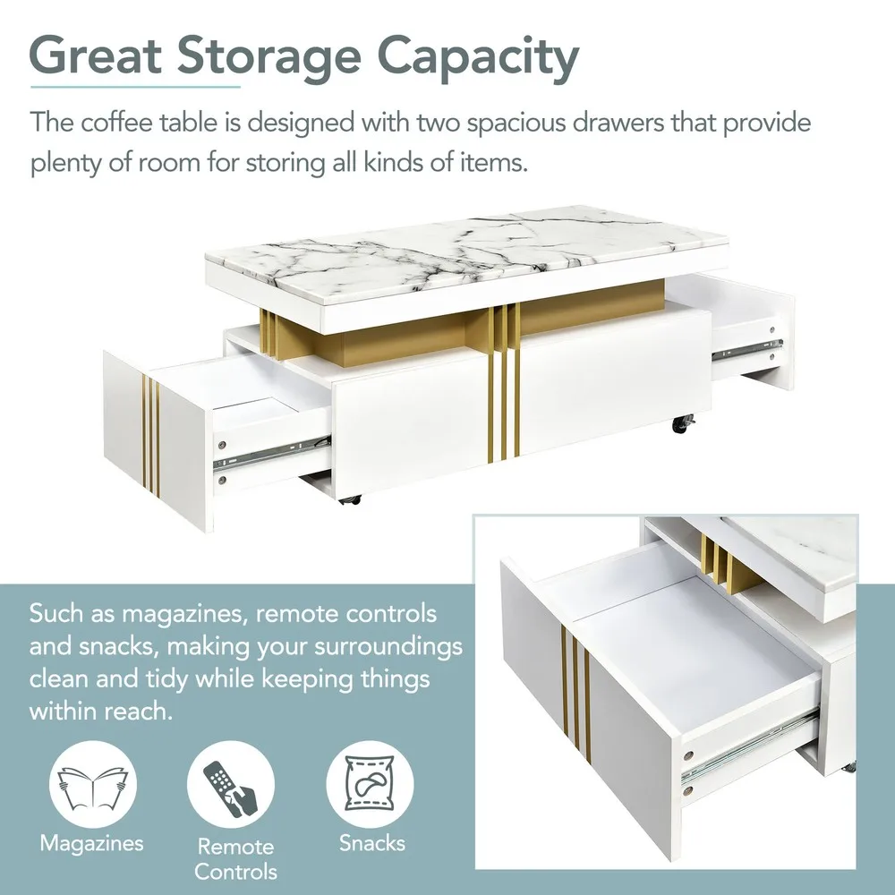 인조 대리석 상판이 있는 커피 테이블, 서랍과 바퀴가 있는 직사각형 중앙 테이블