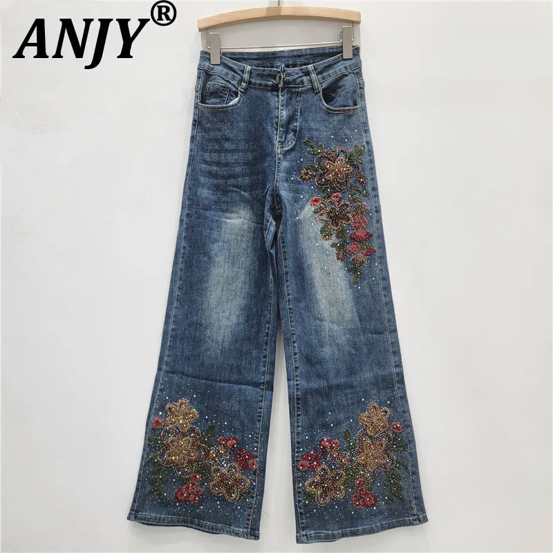 

ANJY осенние новые женские широкие джинсы с вышивкой и бриллиантами, универсальные модные уличные темпераментные джинсовые брюки Y2K A11243