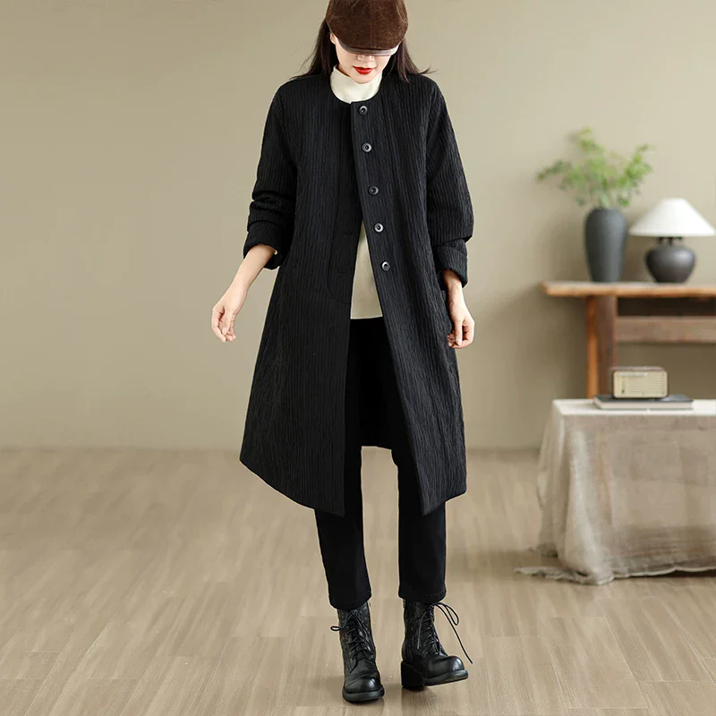 Black textured medium long warm cotton jacket for women, 2026 autumn and winter, elegant quilted windbreaker and thick coat j189