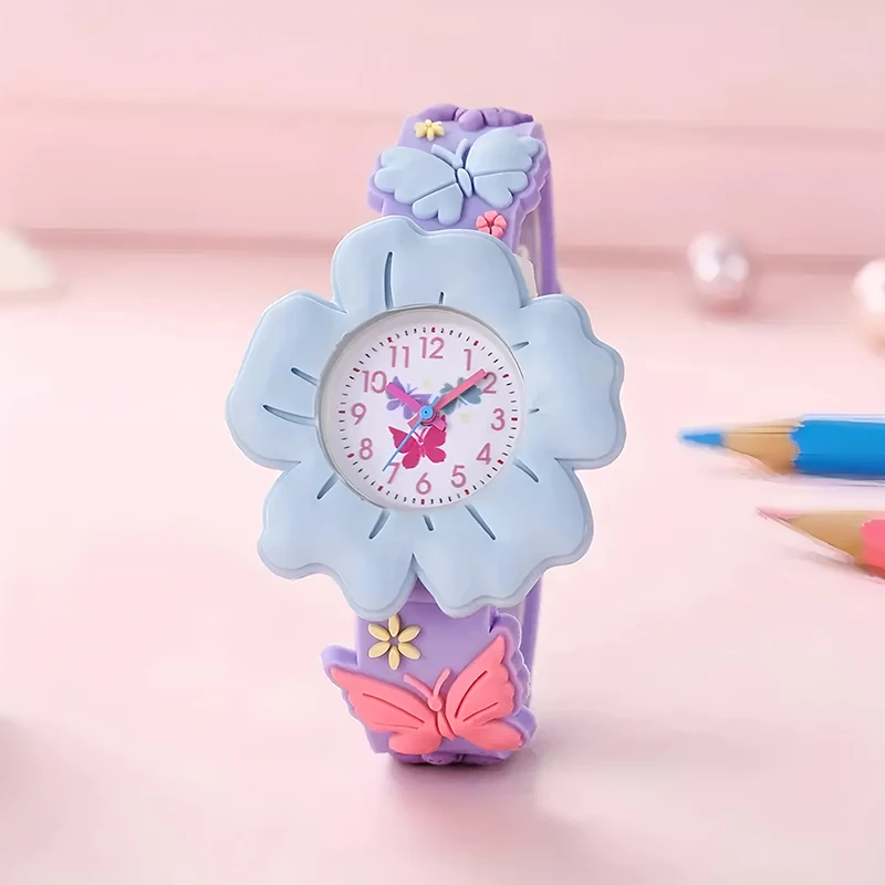 Cute Girls 3D Flowers and Butterflies Cartoon Watch - Soft PVC, Skin-friendly Silicone Strap, Quartz Movement, Not Waterproof