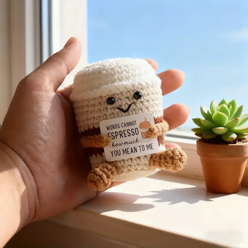 

Funny Crochet Emotional Support Coffee Doll With Card Desktop Ornament Handmade Knitted Coffee Dolls Christmas Gifts Home Decor