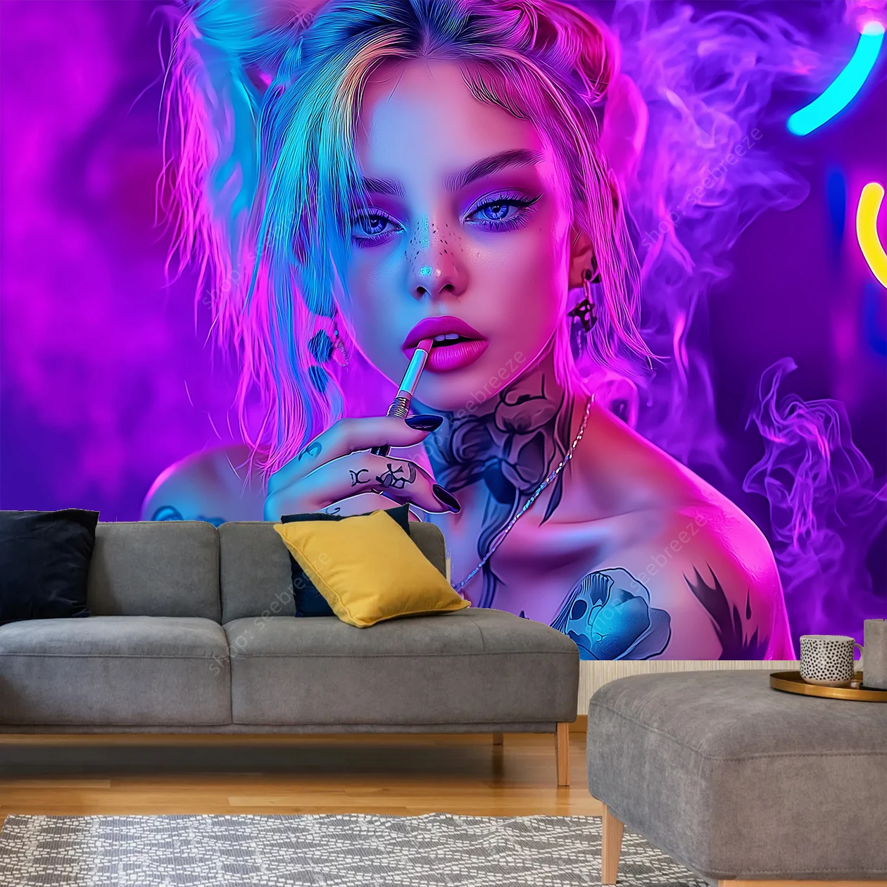 Vibrant Artistic Woman Tattoo Skull Smoke Tapestry Wall Art Modern Bohemian Home Decor Psychedelic Bedroom Studio Aesthetic