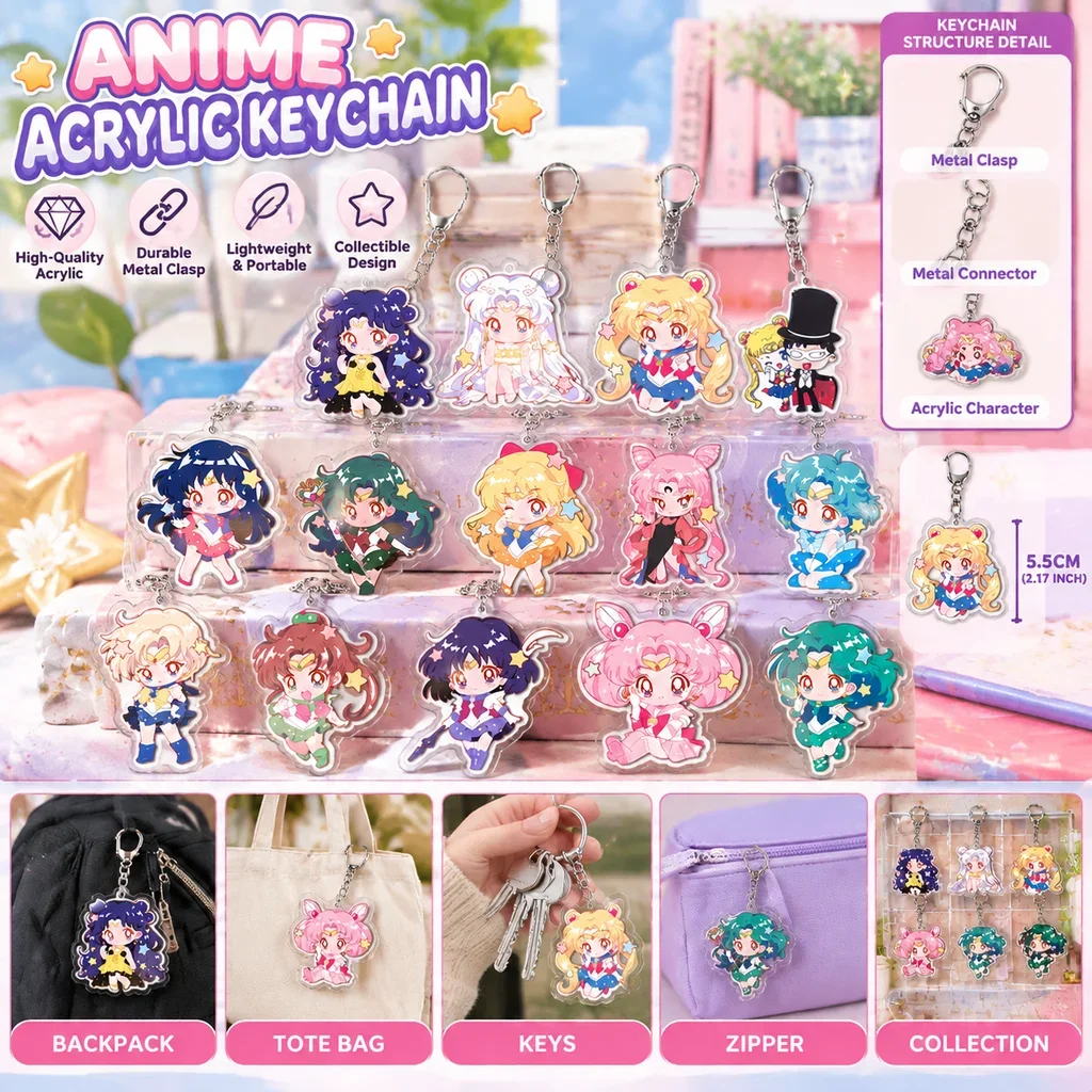 Anime Sailor Moon Acrylic Keychain Cute Pendant Keyring Charm Usagi Tsukino Mamoru Chiba Chibiusa for Bag Backpack Decor Gift