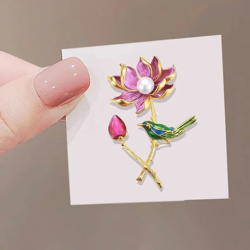 Exquisite Magpie Lotus Brooch For Women Chinese Style Folding Fan Peony Flower Pearl Tassel Corsage Bridal Wedding Party Jewelry