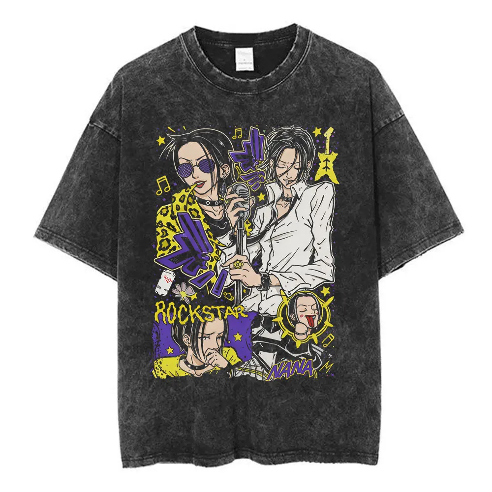 Vintage Washed Anime Nana Osaki Black Stones Rock Band T-Shirt Men's Short Sleeve Cotton High Quality Harajuku Fashion T-Shirts