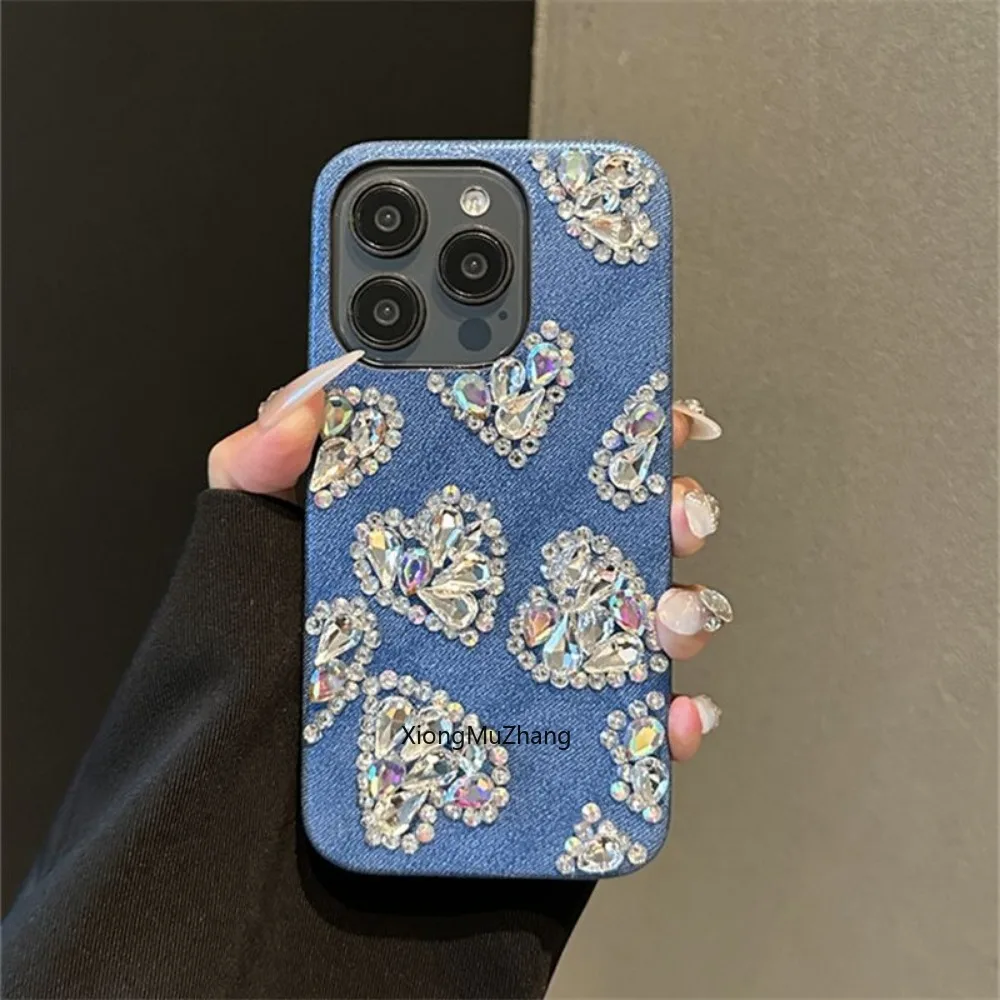 

Blue Stylish Retro Denim Fabric Shockproof Protective Case for IPhone 15 14 13 12 Pro Max 11Pro XS Max Diamond Love Custom Cover